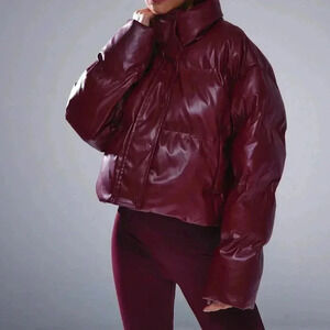 Red Casual Women's High Neck Oversized Shiny Padded Coat